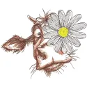 A detailed sketch embroidery design featuring a cow surrounded by chamomile flowers, showcasing farm animal artistry.
