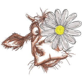 Cow and chamomile sketch embroidery design - Embroidery Design