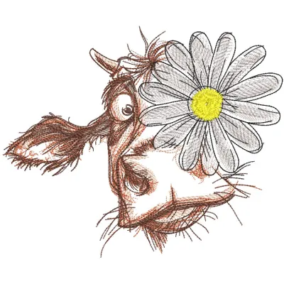 A detailed sketch embroidery design featuring a cow surrounded by chamomile flowers, showcasing farm animal artistry.