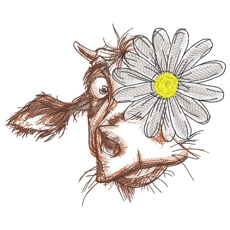 A detailed sketch embroidery design featuring a cow surrounded by chamomile flowers, showcasing farm animal artistry.