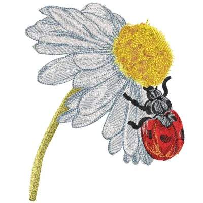 Embroidery design featuring a ladybug on a chamomile flower, showcasing intricate stitching and vibrant colors.