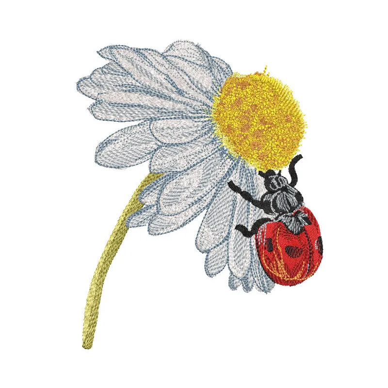 Embroidery design featuring a ladybug on a chamomile flower, showcasing intricate stitching and vibrant colors.