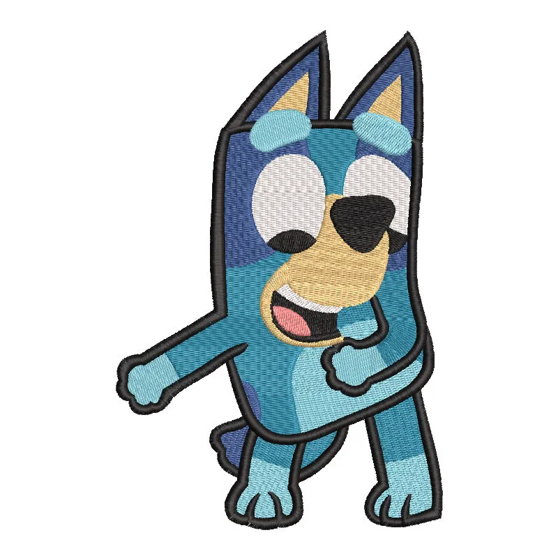 Bluey dancing dog embroidery design featuring a playful Bluey character in vibrant colors.