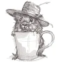 A cute mouse wearing a straw hat, featuring a mug embroidery design on its outfit.