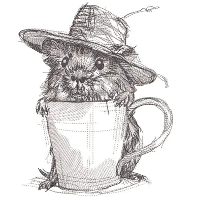 A cute mouse wearing a straw hat, featuring a mug embroidery design on its outfit.