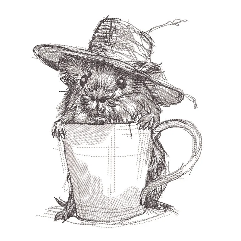 A cute mouse wearing a straw hat, featuring a mug embroidery design on its outfit.