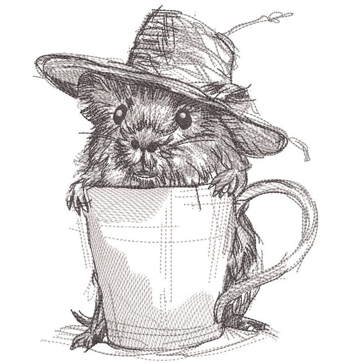 Mouse in a straw hat with a mug embroidery design - Embroidery Design