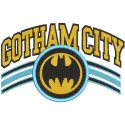 Gotham City Batman embroidery design featuring a detailed silhouette of Batman against a city skyline.