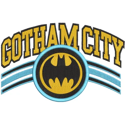 Gotham City Batman embroidery design featuring a detailed silhouette of Batman against a city skyline.