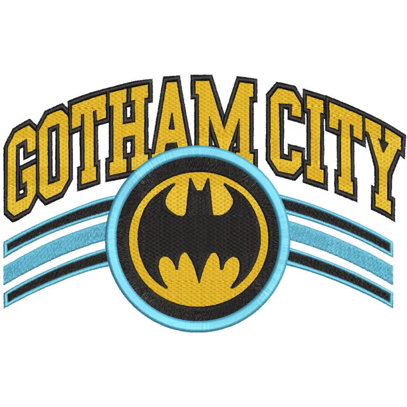 Gotham City Batman embroidery design featuring a detailed silhouette of Batman against a city skyline.