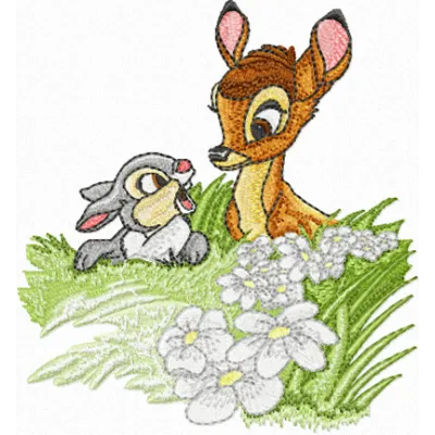Jackrabbit and Bambi embroidery design preview showing stitched forest animals