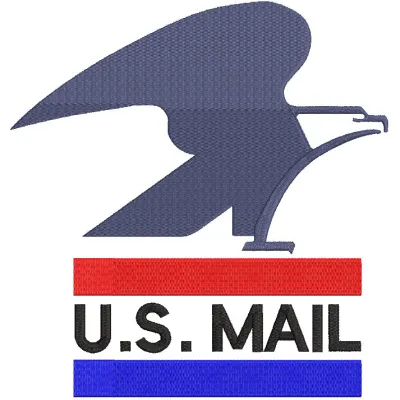 Embroidery design of the old US mail logo, featuring the iconic eagle and red, white, and blue colors.