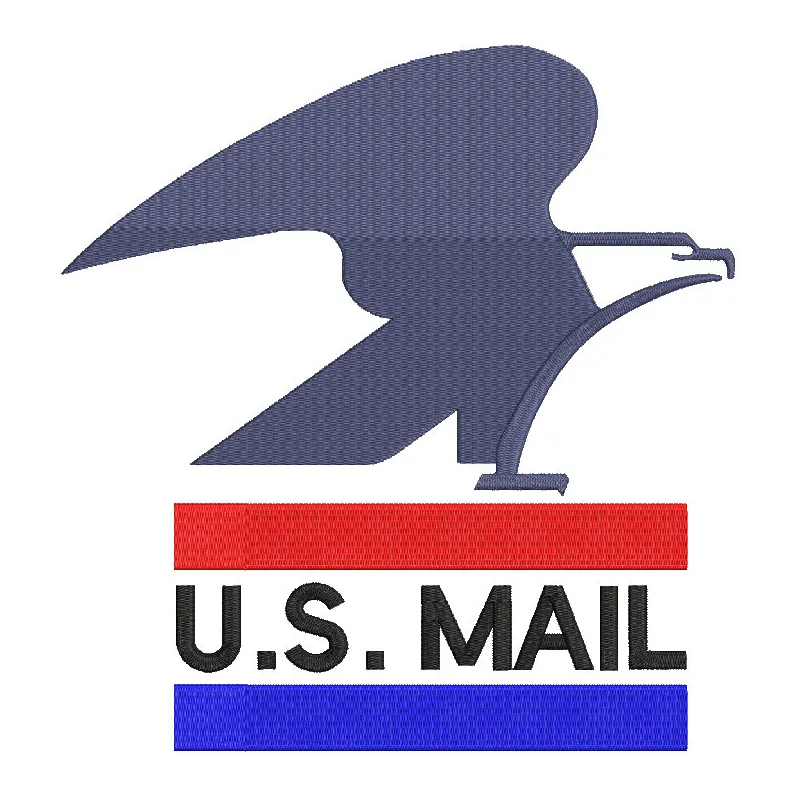 Embroidery design of the old US mail logo, featuring the iconic eagle and red, white, and blue colors.