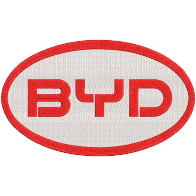 BYD oval logo embroidery design featuring intricate stitching and a bold, recognizable logo in vibrant colors.
