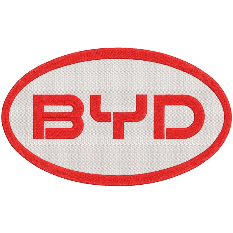 BYD oval logo embroidery design featuring intricate stitching and a bold, recognizable logo in vibrant colors.