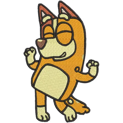 Dancing Bluey Bingo embroidery design featuring a playful blue dog character in vibrant colors.