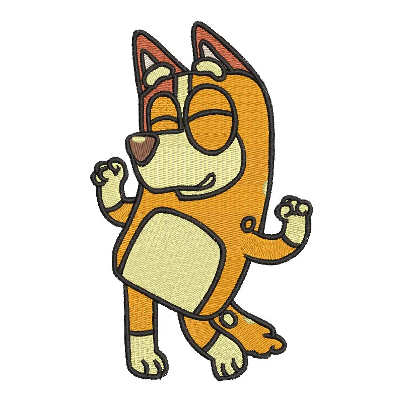 Dancing Bluey Bingo embroidery design featuring a playful blue dog character in vibrant colors.