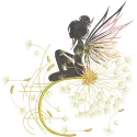 Embroidery design featuring a fairy sitting on a delicate dandelion branch.