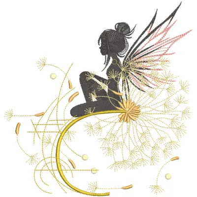 Embroidery design featuring a fairy sitting on a delicate dandelion branch.