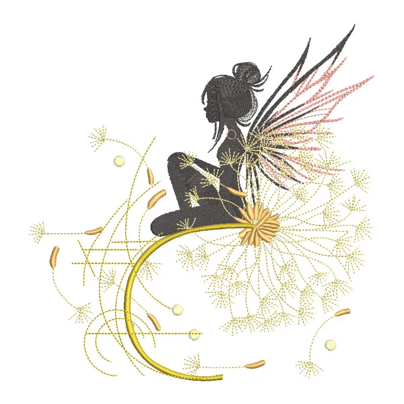 Embroidery design featuring a fairy sitting on a delicate dandelion branch.