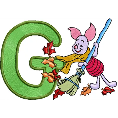 Piglet with letter G embroidery design preview showing stitched motif for monogramming