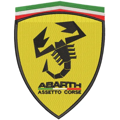 Abarth Ferrari Style logo embroidery design showcasing a vibrant, detailed logo on fabric for auto enthusiasts.