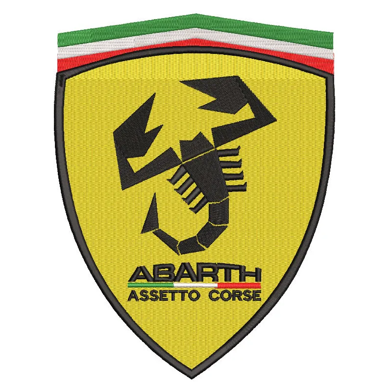Abarth Ferrari Style logo embroidery design showcasing a vibrant, detailed logo on fabric for auto enthusiasts.