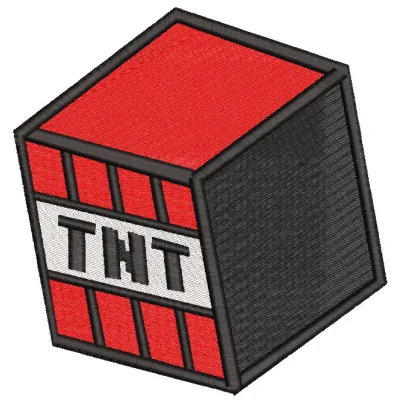 Minecraft TNT embroidery design featuring a vibrant red and yellow block with pixelated details.