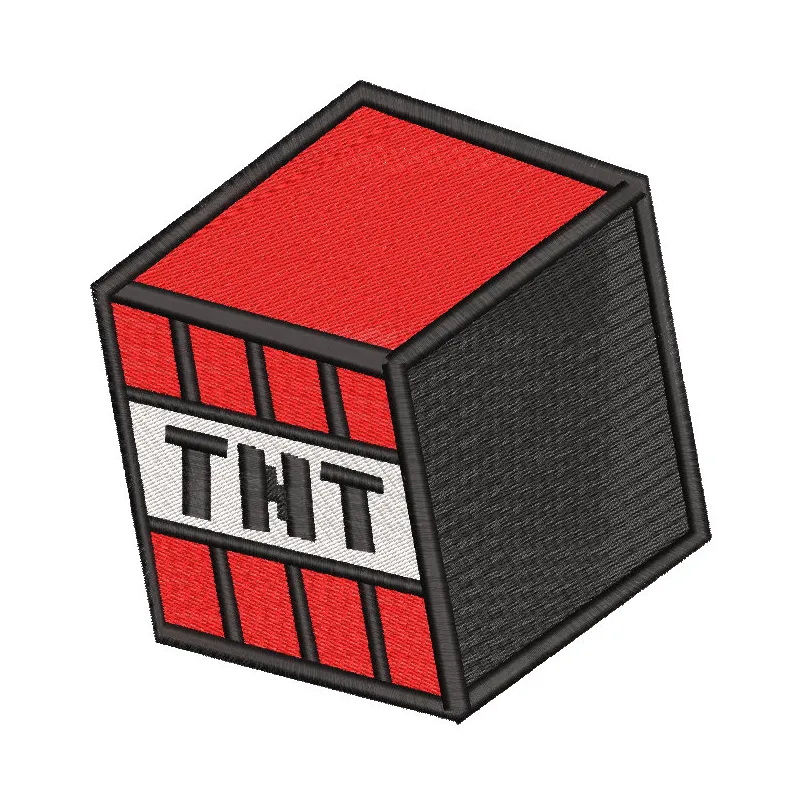 Minecraft TNT embroidery design featuring a vibrant red and yellow block with pixelated details.