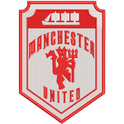 Close-up of Manchester United F.C. Devil Crest embroidery design showcasing intricate stitching and vibrant colors.