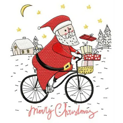 Santa cycling 2 embroidery design preview showing festive holiday stitching pattern