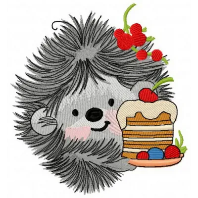 Hedgehog's Birthday 6 embroidery design preview showing stitched hedgehog with festive birthday elements