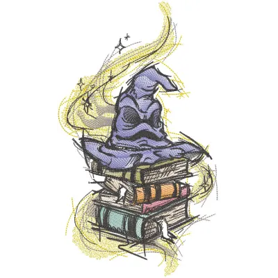 Magical Sorting Hat embroidery design featuring intricate details and vibrant colors, perfect for Harry Potter fans.
