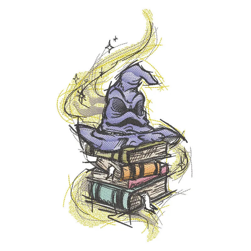 Magical Sorting Hat embroidery design featuring intricate details and vibrant colors, perfect for Harry Potter fans.