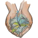 Embroidery design featuring a dragonfly among palm leaves, showcasing intricate stitching and vibrant colors.