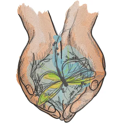 Embroidery design featuring a dragonfly among palm leaves, showcasing intricate stitching and vibrant colors.