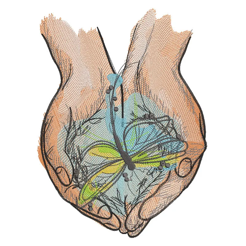 Embroidery design featuring a dragonfly among palm leaves, showcasing intricate stitching and vibrant colors.