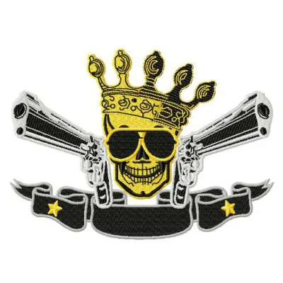 Skull with crown and guns embroidery design preview for stitching on apparel and accessories