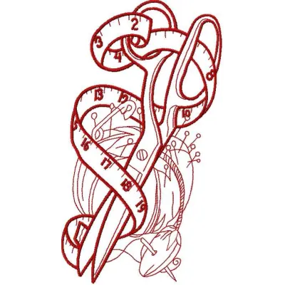 Scissors, measure and needle bar embroidery design preview showing stitched crafting motifs