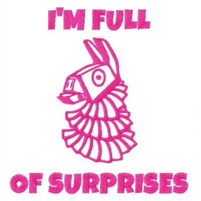 Full of Surprises embroidery design preview showing stitched Fortnite-inspired pattern