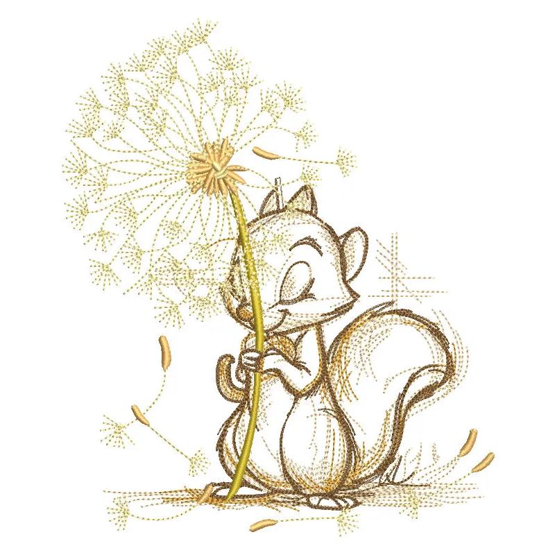 Embroidered design featuring a squirrel with dandelion, showcasing woodland animal artistry.