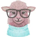 Embroidery design featuring a sheep wearing glasses and a cozy sweater, ideal for farm animal enthusiasts.