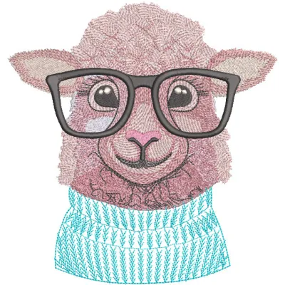 Embroidery design featuring a sheep wearing glasses and a cozy sweater, ideal for farm animal enthusiasts.