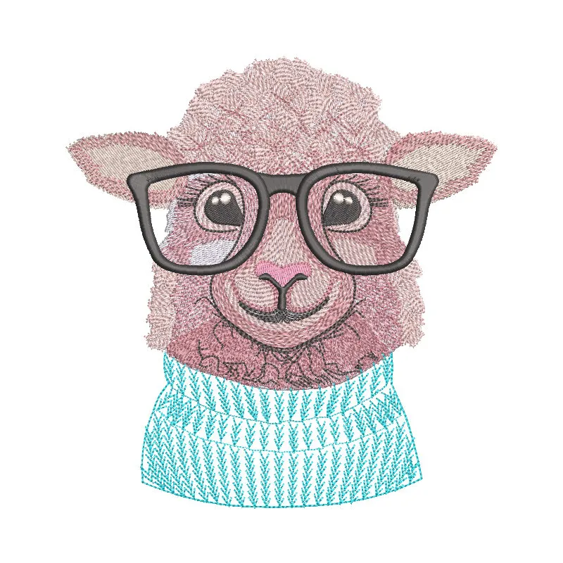 Embroidery design featuring a sheep wearing glasses and a cozy sweater, ideal for farm animal enthusiasts.