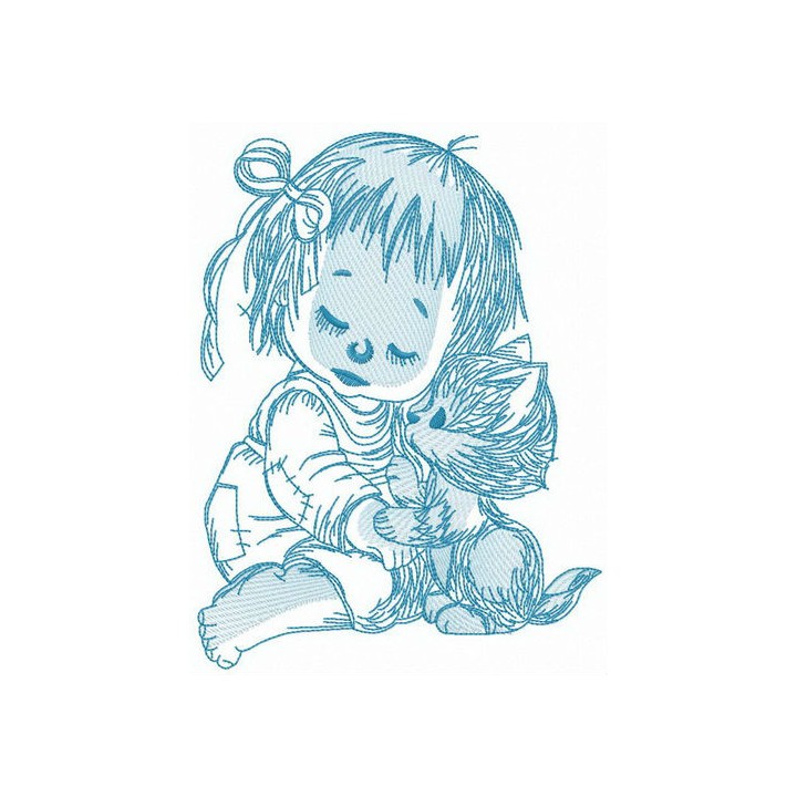 Touching friendship between girl and cat embroidery design - Embroidery Design