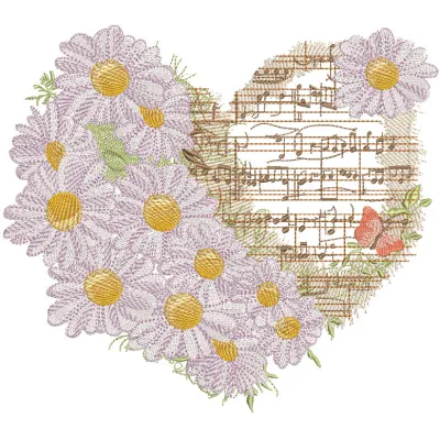 Embroidery design featuring music notes and daisies, perfect for Valentine's Day celebrations.