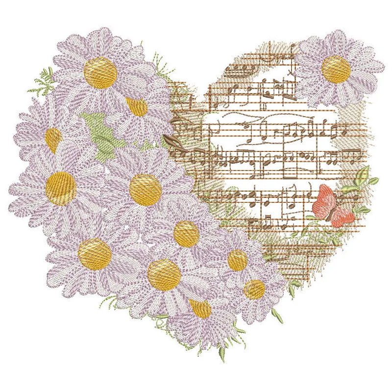 Embroidery design featuring music notes and daisies, perfect for Valentine's Day celebrations.