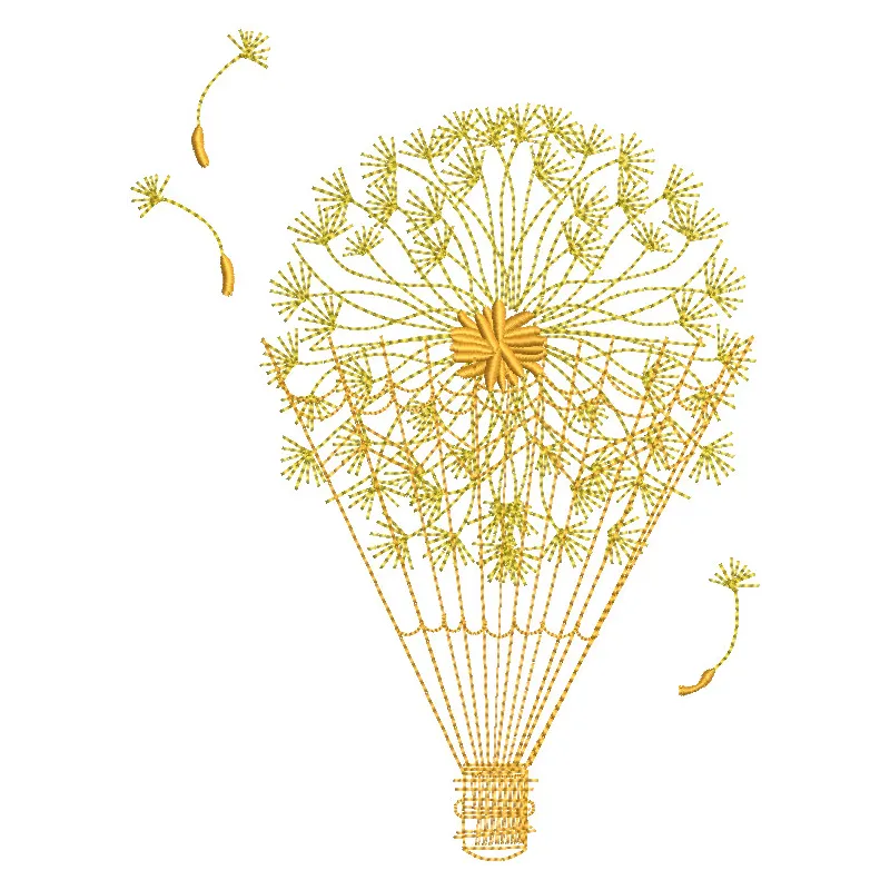 Dandelion hot air balloon embroidery design featuring intricate floral details and vibrant colors.