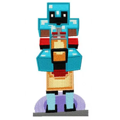 Minecraft knight embroidery design featuring pixelated armor and sword in stitched detail
