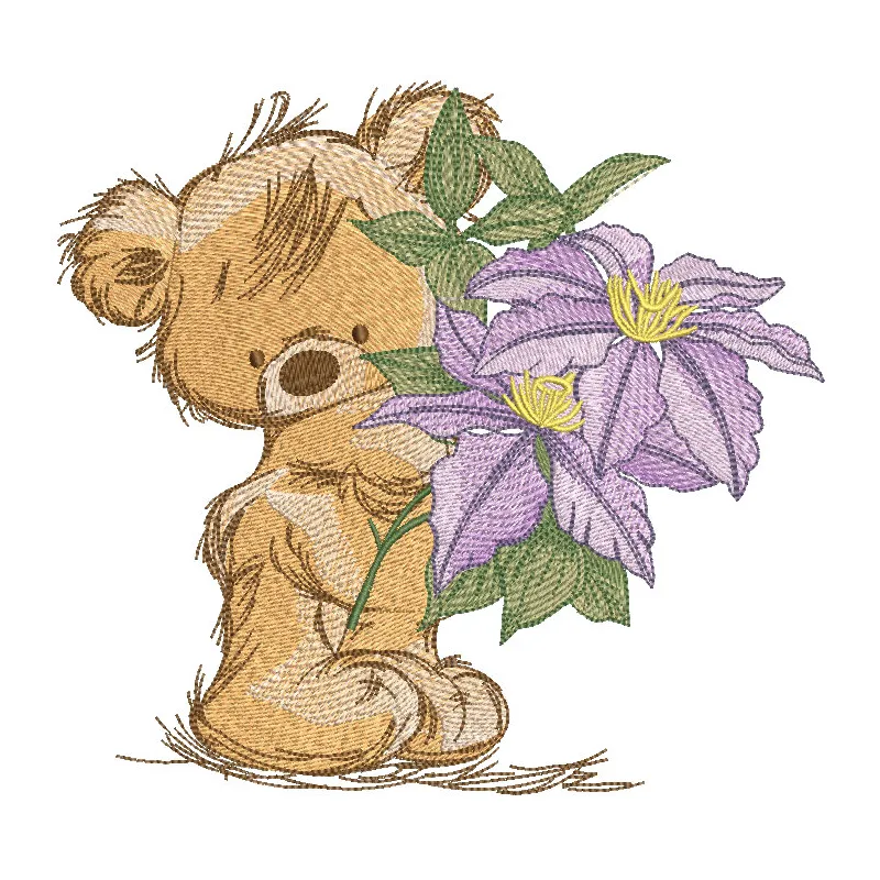 Teddy bear featuring a beautiful bouquet of hydrangeas embroidered on its chest, perfect for cuddles.